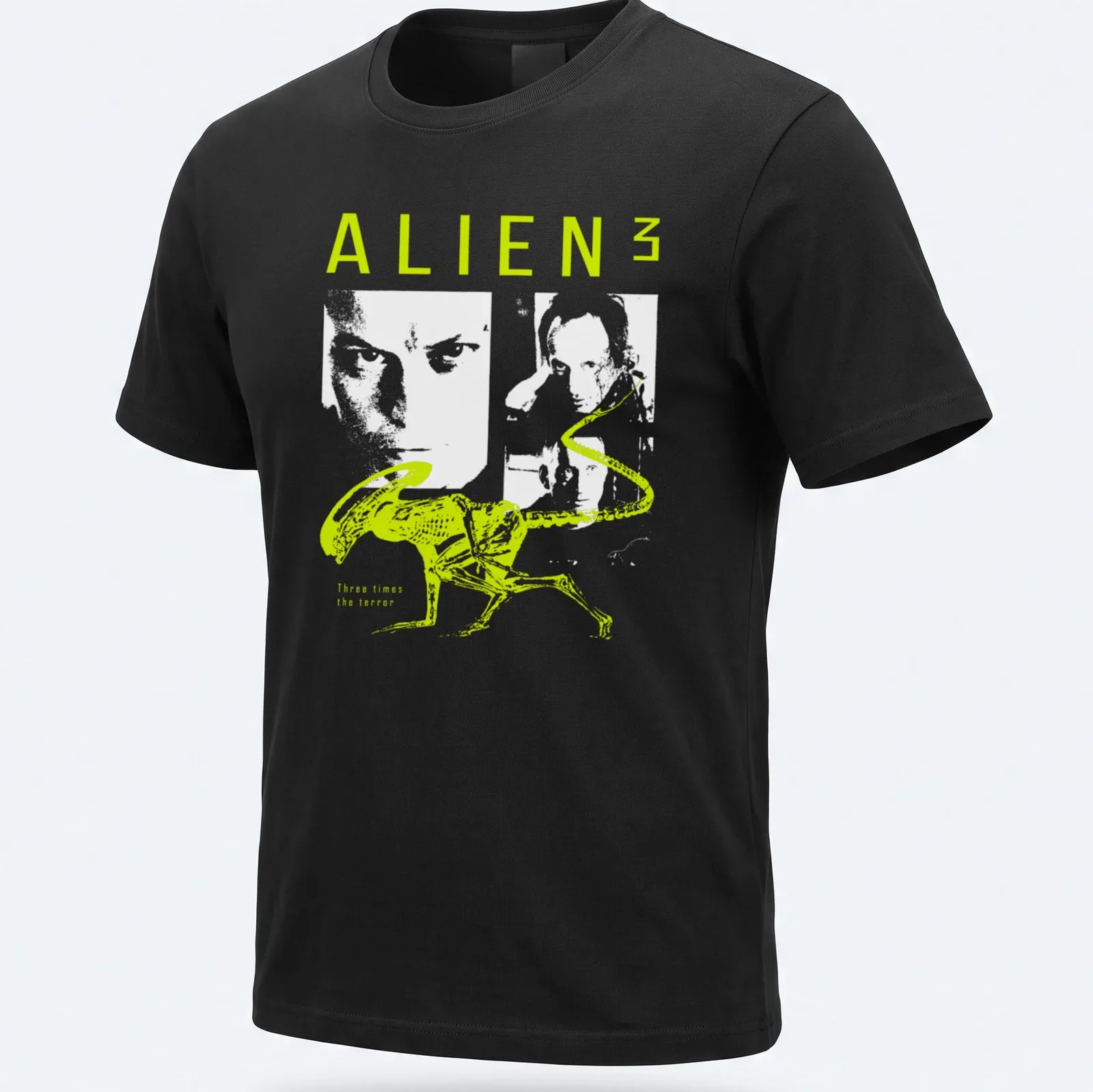 Minimalist graphic of an alien with neon green and white typography — printed on a unisex t-shirt