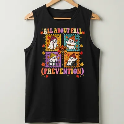 Colorful cartoon ghost with the text about fall prevention for Halloween — printed on a tank top