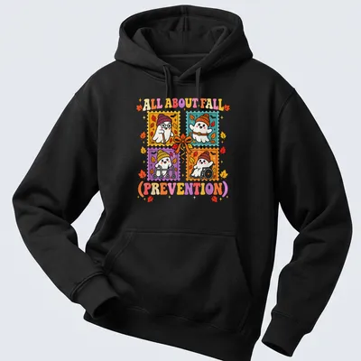 Colorful cartoon ghost with the text about fall prevention for Halloween — printed on a unisex hoodie