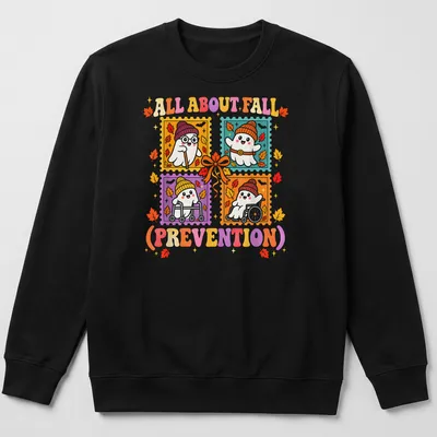 Colorful cartoon ghost with the text about fall prevention for Halloween — printed on a unisex sweatshirt