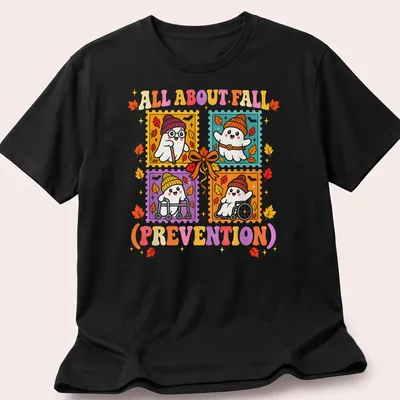 Colorful cartoon ghost with the text about fall prevention for Halloween