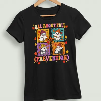 Colorful cartoon ghost with the text about fall prevention for Halloween — printed on a women's shirt