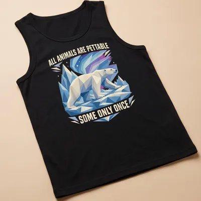 Low-poly polar bear with humorous text about petting animals — printed on a tank top