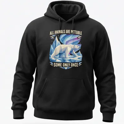 Low-poly polar bear with humorous text about petting animals — printed on a unisex hoodie