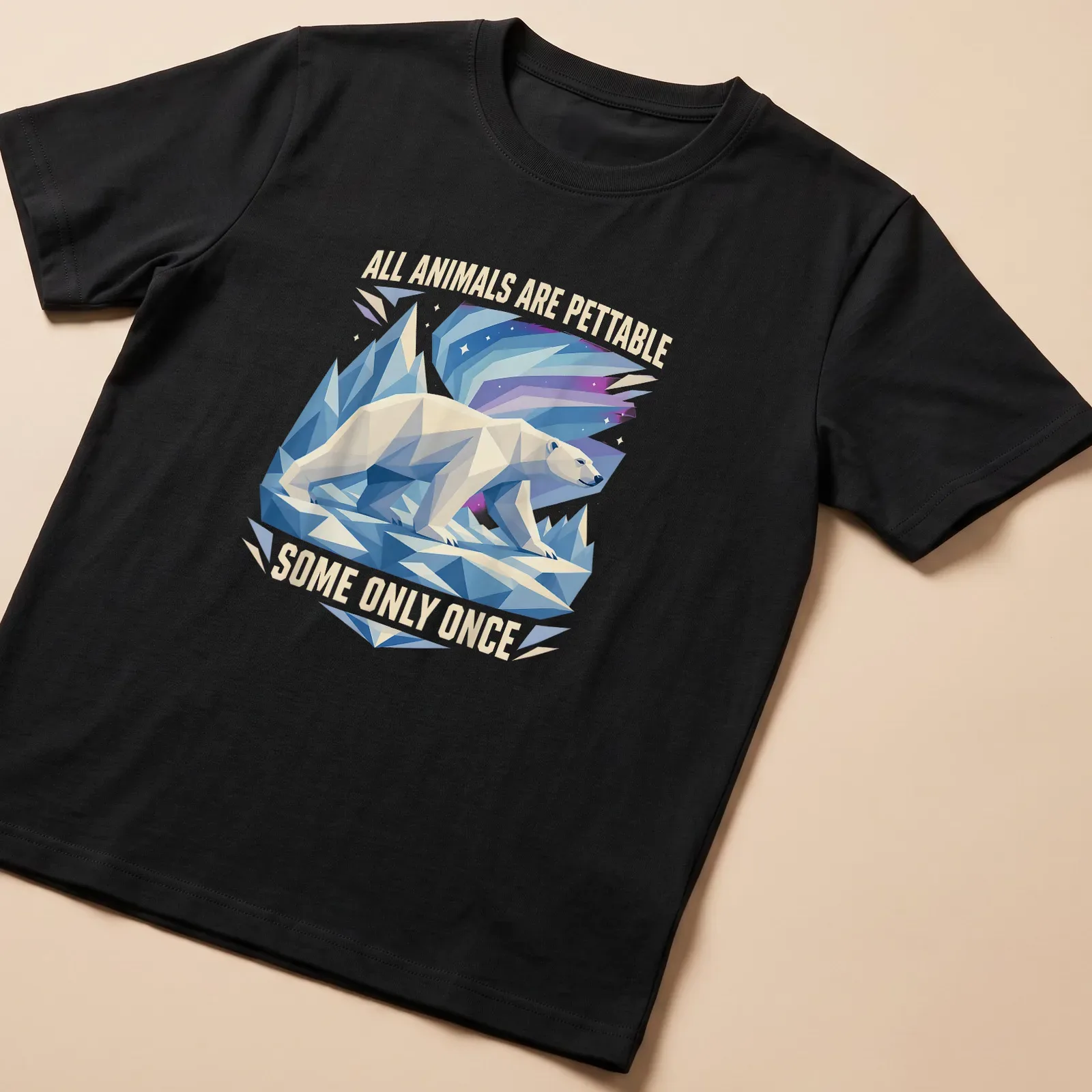 Low-poly polar bear with humorous text about petting animals — printed on a unisex t-shirt