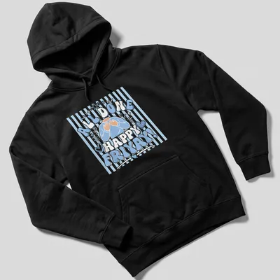 Cartoon figure with hands on chest and text 'All Done Happy Friyay!' in blue and white — printed on a unisex hoodie