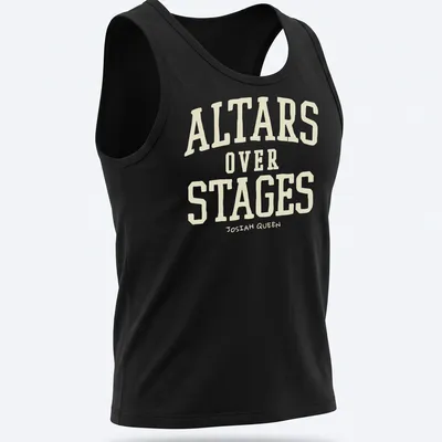 Bold vintage text design ALTARS OVER STAGES JOSIAH QUEEN on cream and light beige — printed on a tank top
