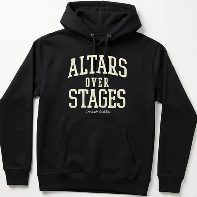 Bold vintage text design ALTARS OVER STAGES JOSIAH QUEEN on cream and light beige — printed on a unisex hoodie