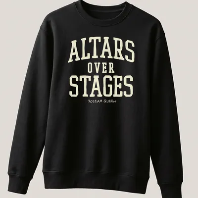 Bold vintage text design ALTARS OVER STAGES JOSIAH QUEEN on cream and light beige — printed on a unisex sweatshirt