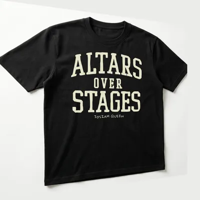 Bold vintage text design ALTARS OVER STAGES JOSIAH QUEEN on cream and light beige — printed on a unisex t-shirt (angled view)