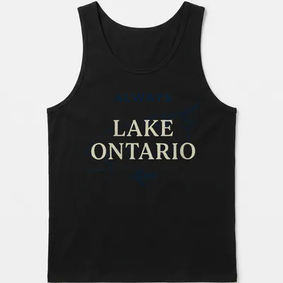 Minimalist line art of Lake Ontario map outline with a pine tree — printed on a tank top