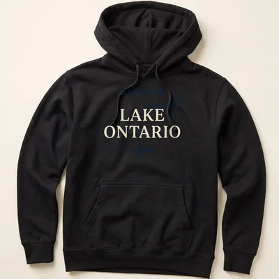 Minimalist line art of Lake Ontario map outline with a pine tree — printed on a unisex hoodie