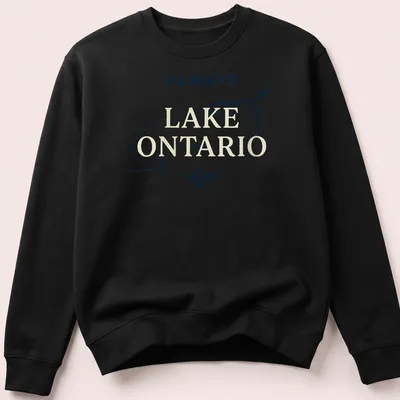 Minimalist line art of Lake Ontario map outline with a pine tree — printed on a unisex sweatshirt
