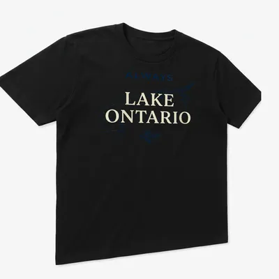 Minimalist line art of Lake Ontario map outline with a pine tree — printed on a unisex t-shirt (angled view)