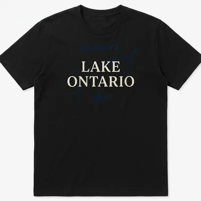 Minimalist line art of Lake Ontario map outline with a pine tree