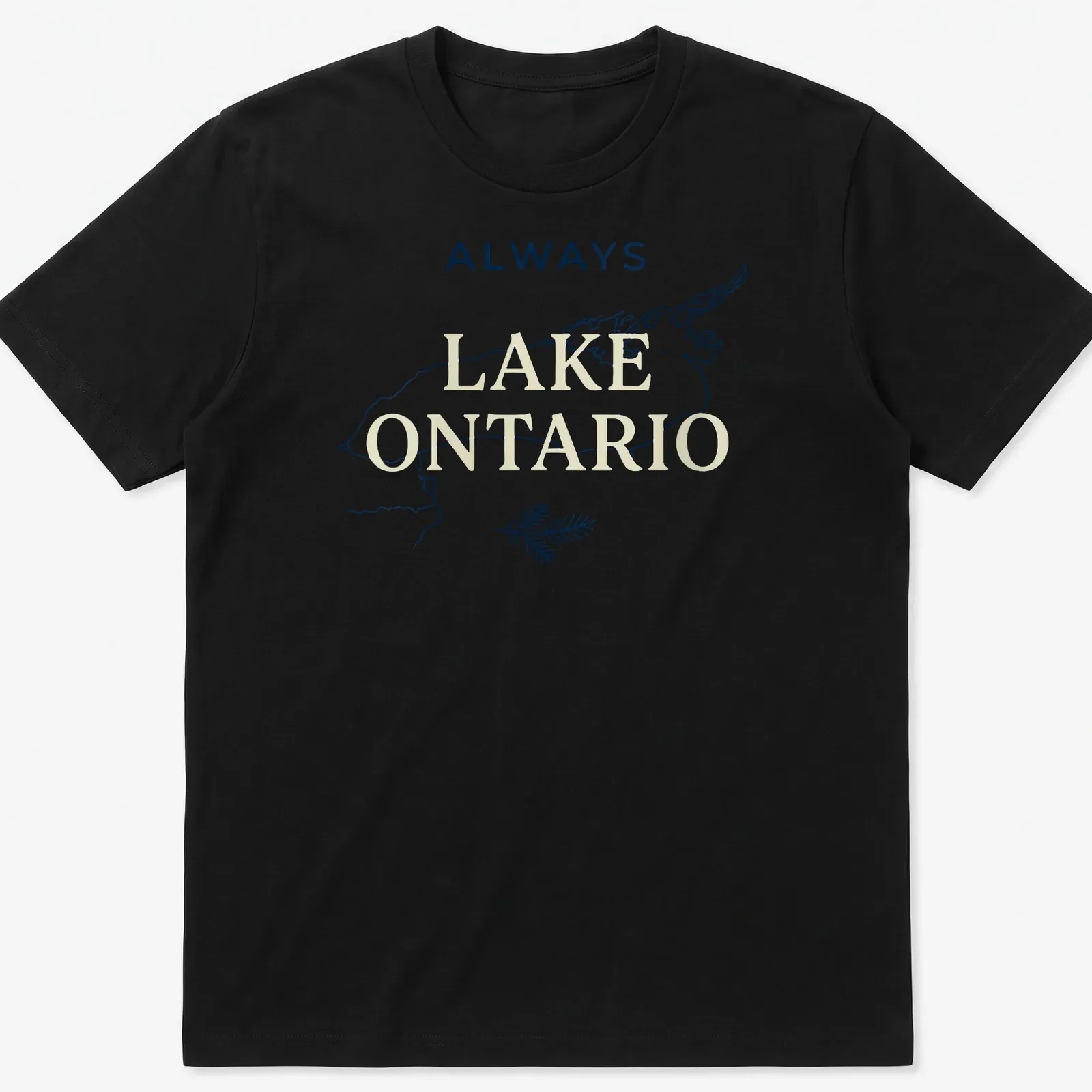 Minimalist line art of Lake Ontario map outline with a pine tree — printed on a unisex t-shirt