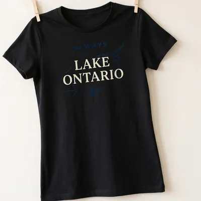 Minimalist line art of Lake Ontario map outline with a pine tree — printed on a women's shirt