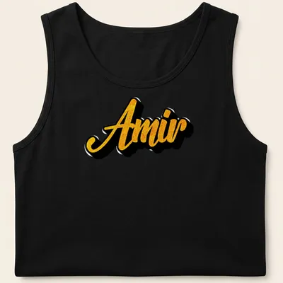 Stylized gold script of the name Amir on a black — printed on a tank top
