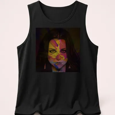 Colorful abstract portrait of a female figure with a vibrant face — printed on a tank top