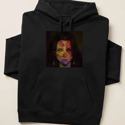 Colorful abstract portrait of a female figure with a vibrant face — printed on a unisex hoodie
