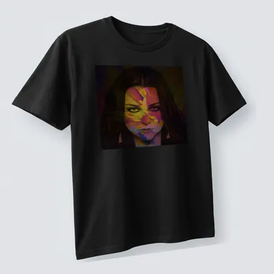 Colorful abstract portrait of a female figure with a vibrant face — printed on a unisex t-shirt (angled view)