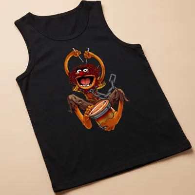 Retro cartoon of Animal from The Muppets playing drums in vibrant colors — printed on a tank top