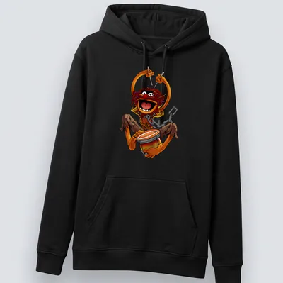 Retro cartoon of Animal from The Muppets playing drums in vibrant colors — printed on a unisex hoodie