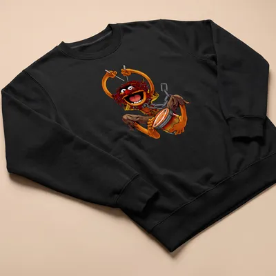 Retro cartoon of Animal from The Muppets playing drums in vibrant colors — printed on a unisex sweatshirt