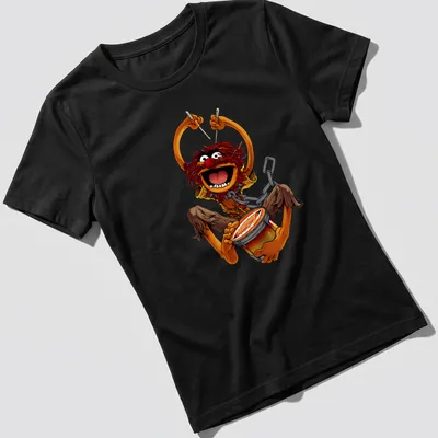 Retro cartoon of Animal from The Muppets playing drums in vibrant colors — printed on a women's shirt
