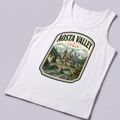 Vintage illustration of Aosta Valley landscape with text 'AOSTA VALLEY ITALY' — printed on a tank top