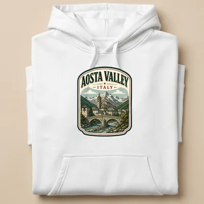 Vintage illustration of Aosta Valley landscape with text 'AOSTA VALLEY ITALY' — printed on a unisex hoodie
