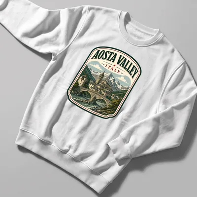 Vintage illustration of Aosta Valley landscape with text 'AOSTA VALLEY ITALY' — printed on a unisex sweatshirt