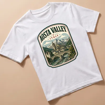 Vintage illustration of Aosta Valley landscape with text 'AOSTA VALLEY ITALY'