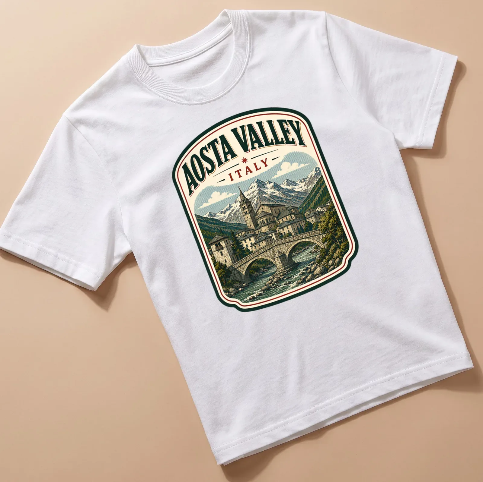 Vintage illustration of Aosta Valley landscape with text 'AOSTA VALLEY ITALY' — printed on a unisex t-shirt
