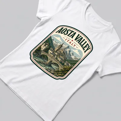 Vintage illustration of Aosta Valley landscape with text 'AOSTA VALLEY ITALY' — printed on a women's shirt