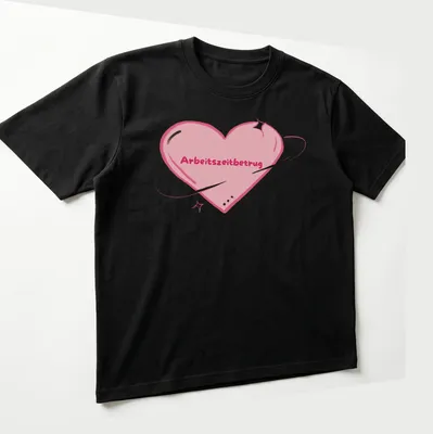 Kawaii style heart graphic with the text 'Arbeitszeitbetrug' printed in playful font — printed on a unisex t-shirt (angled view)