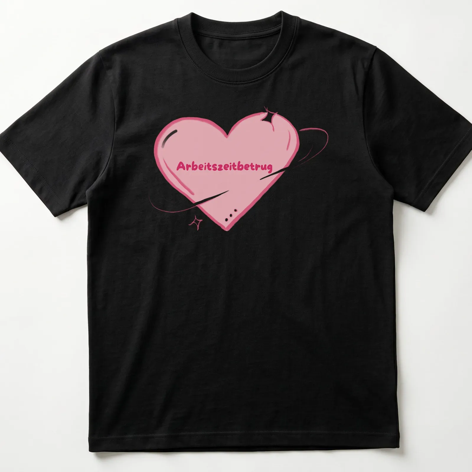 Kawaii style heart graphic with the text 'Arbeitszeitbetrug' printed in playful font — printed on a unisex t-shirt