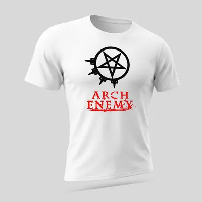 Bold graphic t-shirt featuring Arch Enemy text and a pentagram symbol — printed on a unisex t-shirt (angled view)