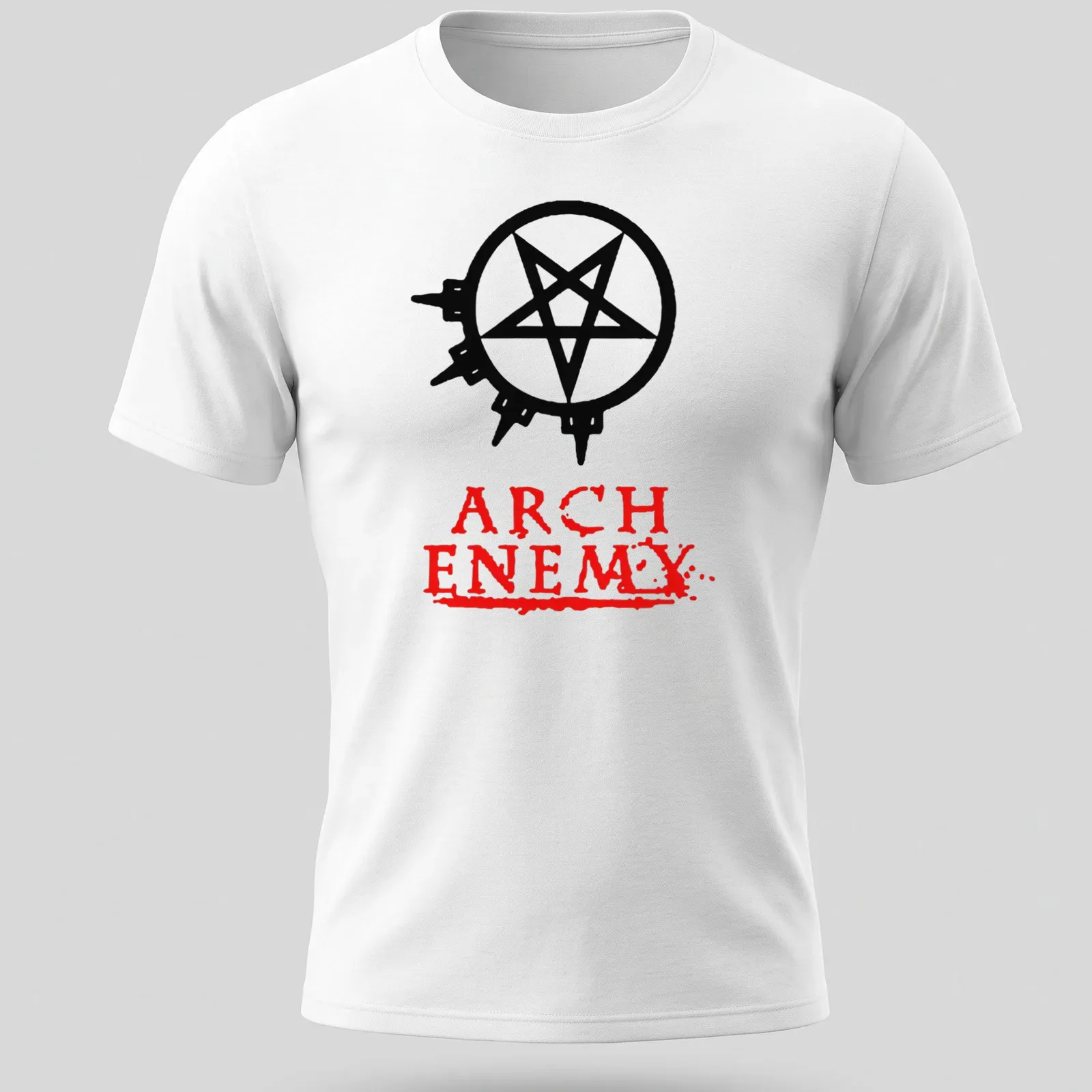 Bold graphic t-shirt featuring Arch Enemy text and a pentagram symbol — printed on a unisex t-shirt