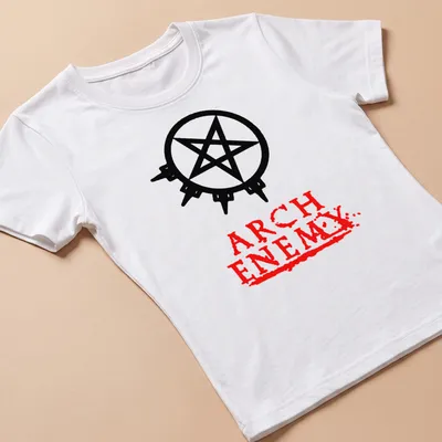 Bold graphic t-shirt featuring Arch Enemy text and a pentagram symbol — printed on a women's shirt