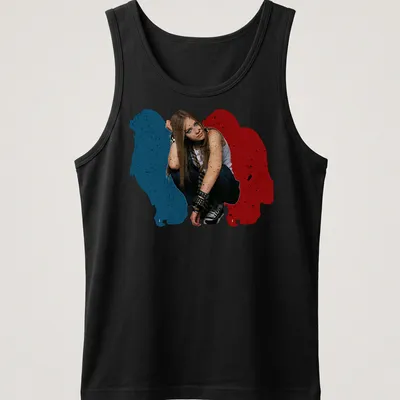 Grunge style shirt featuring a female figure with long hair in blue, red, black, and white. — printed on a tank top