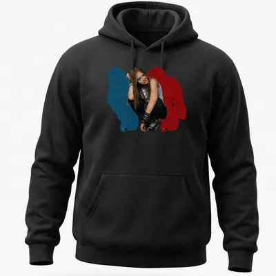 Grunge style shirt featuring a female figure with long hair in blue, red, black, and white. — printed on a unisex hoodie