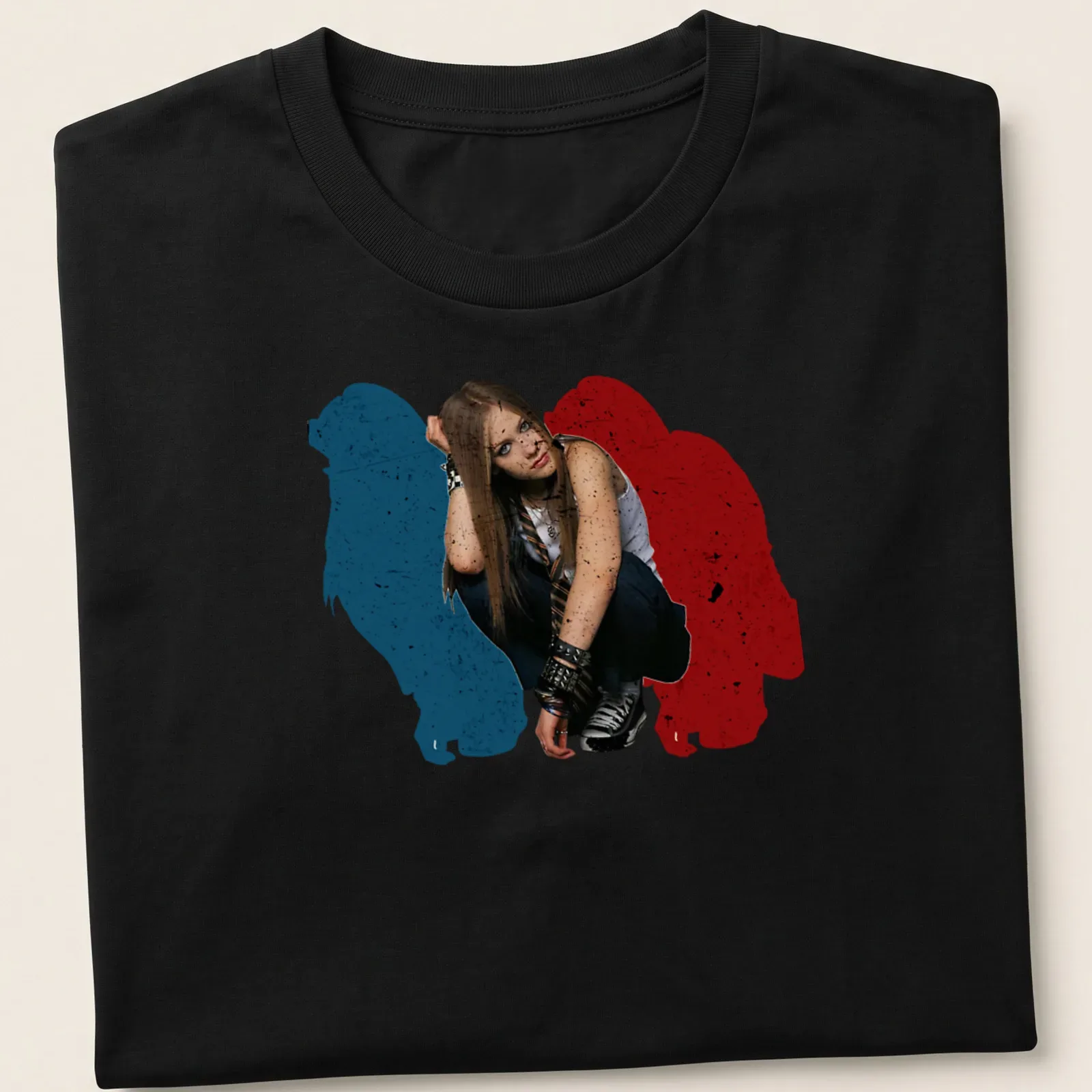 Grunge style shirt featuring a female figure with long hair in blue, red, black, and white. — printed on a unisex t-shirt