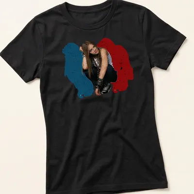 Grunge style shirt featuring a female figure with long hair in blue, red, black, and white. — printed on a women's shirt