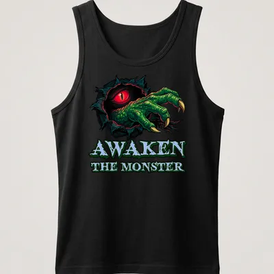Bold cartoon print of a monster claw with an eye and text 'Awaken The Monster' in green and red — printed on a tank top