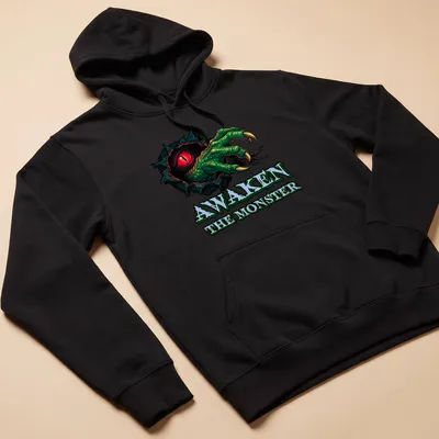 Bold cartoon print of a monster claw with an eye and text 'Awaken The Monster' in green and red — printed on a unisex hoodie