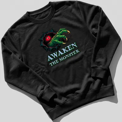 Bold cartoon print of a monster claw with an eye and text 'Awaken The Monster' in green and red — printed on a unisex sweatshirt