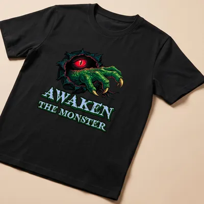 Bold cartoon print of a monster claw with an eye and text 'Awaken The Monster' in green and red