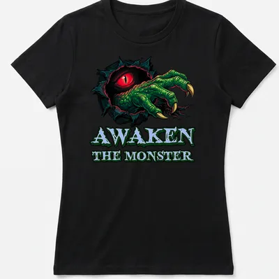 Bold cartoon print of a monster claw with an eye and text 'Awaken The Monster' in green and red — printed on a women's shirt