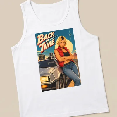 Retro movie t-shirt featuring the text 'BACK IN TIME' with a female character and a DeLorean car. — printed on a tank top